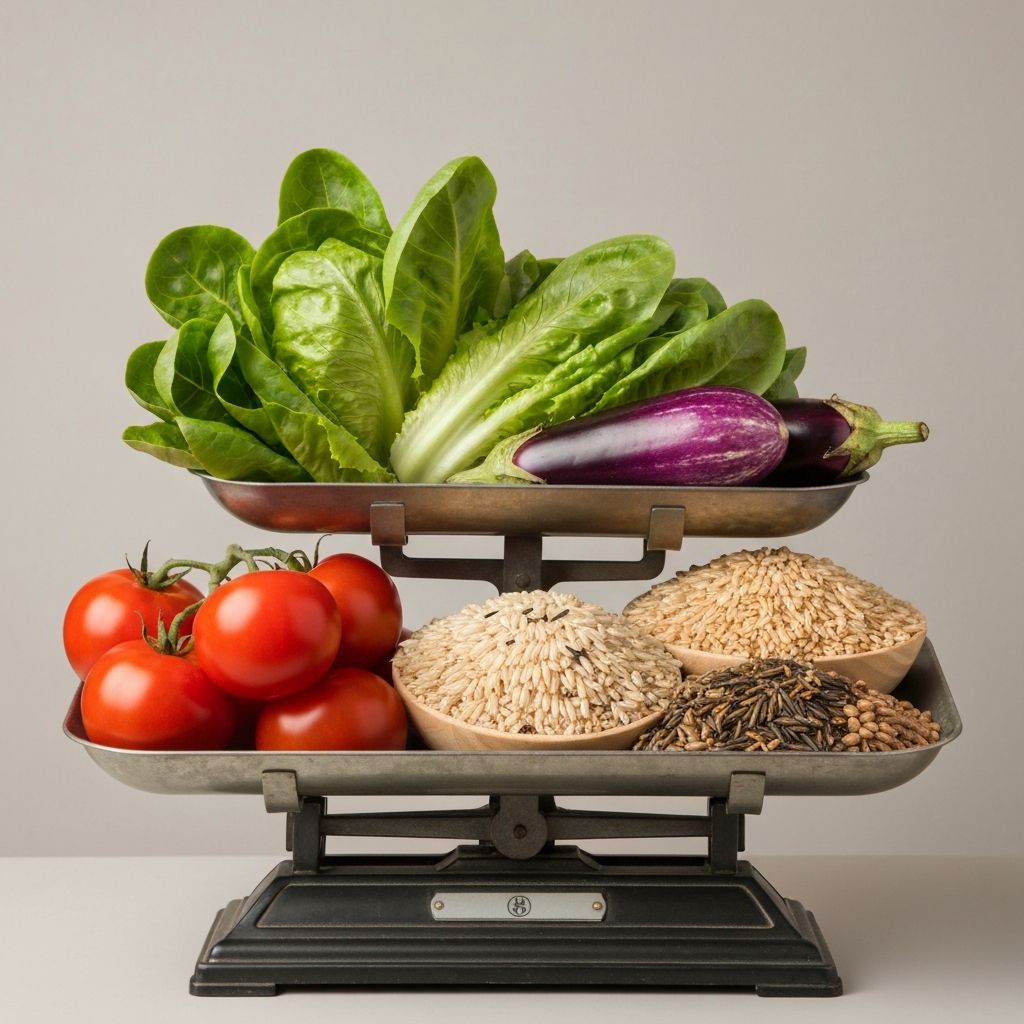 Blog header image showing balanced scale with food elements