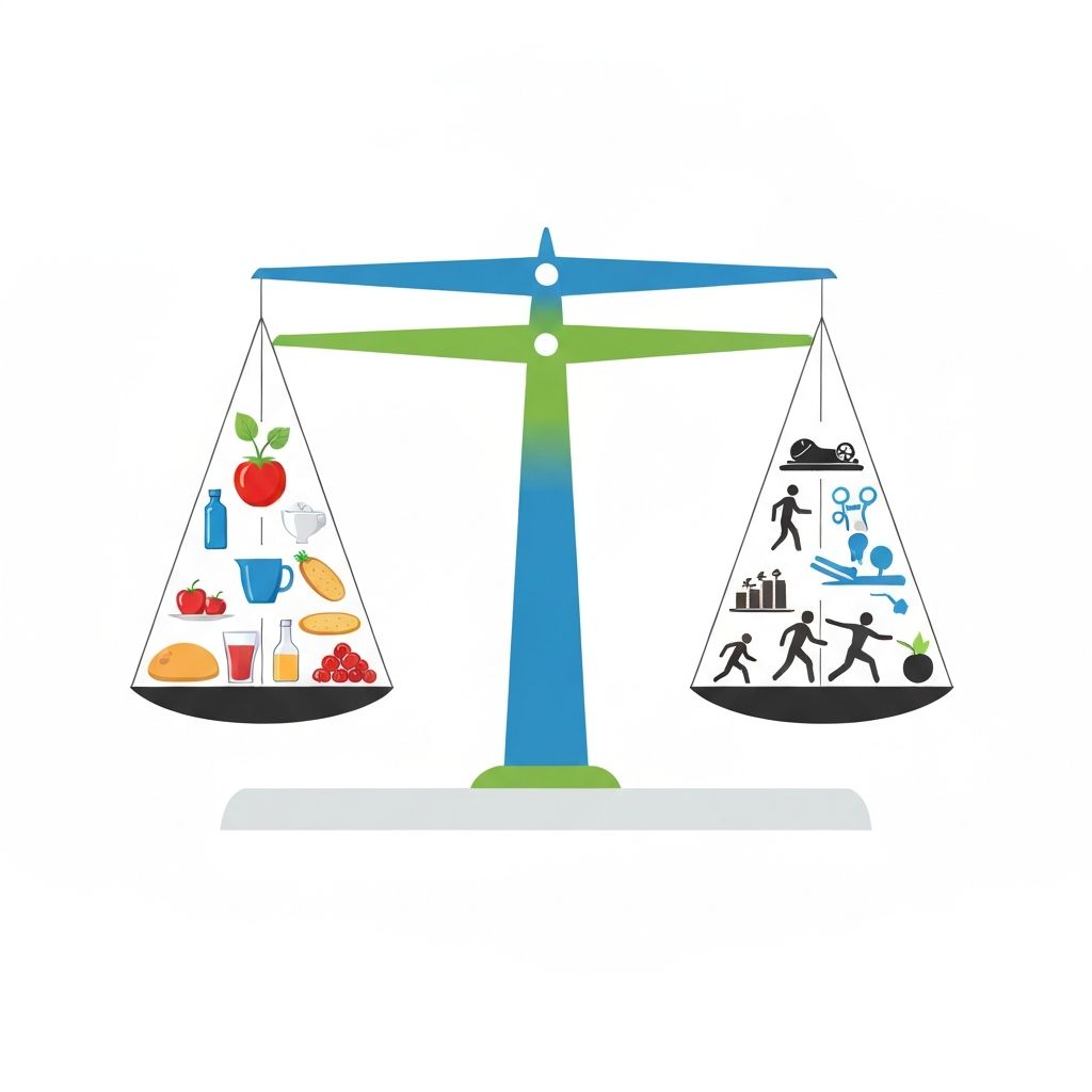 Diagram showing energy balance with intake and expenditure on opposite sides of scale